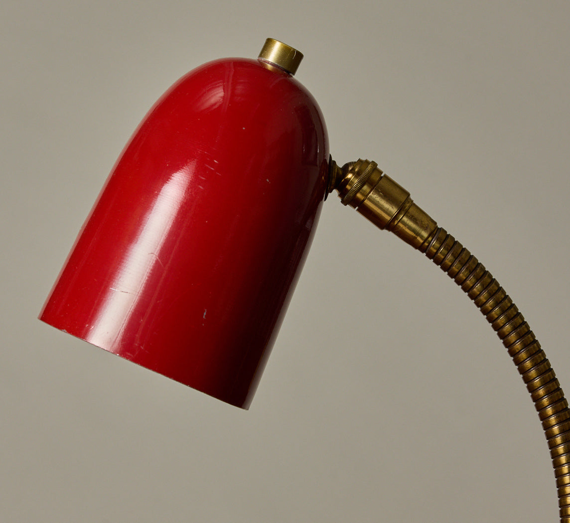 1950S FRENCH MID-CENTURY MODERN BRASS GOOSENECK LAMP WITH RED SHADE