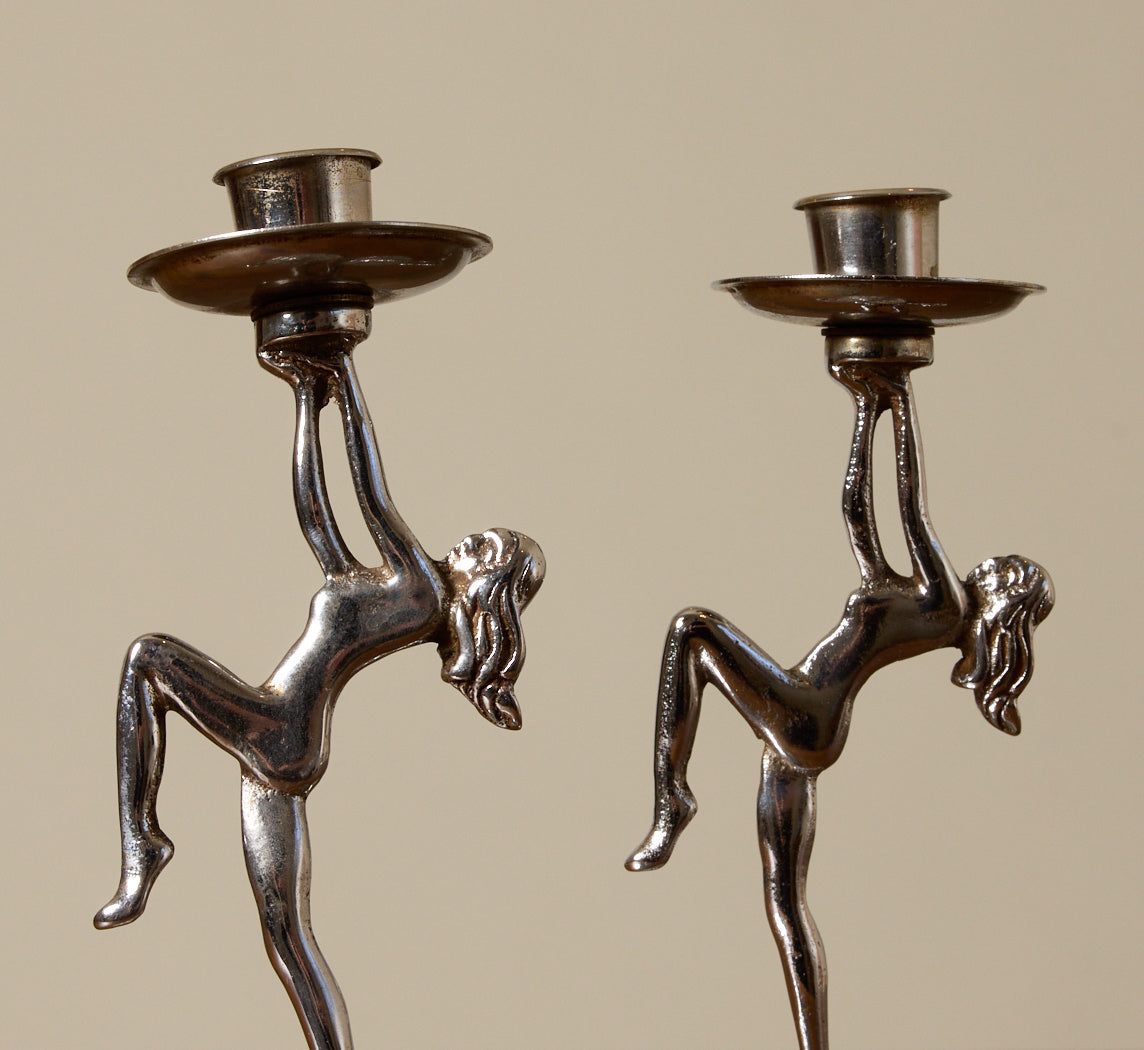 PAIR OF CHROME ART DECO DANCING LADY CANDLESTICK HOLDERS