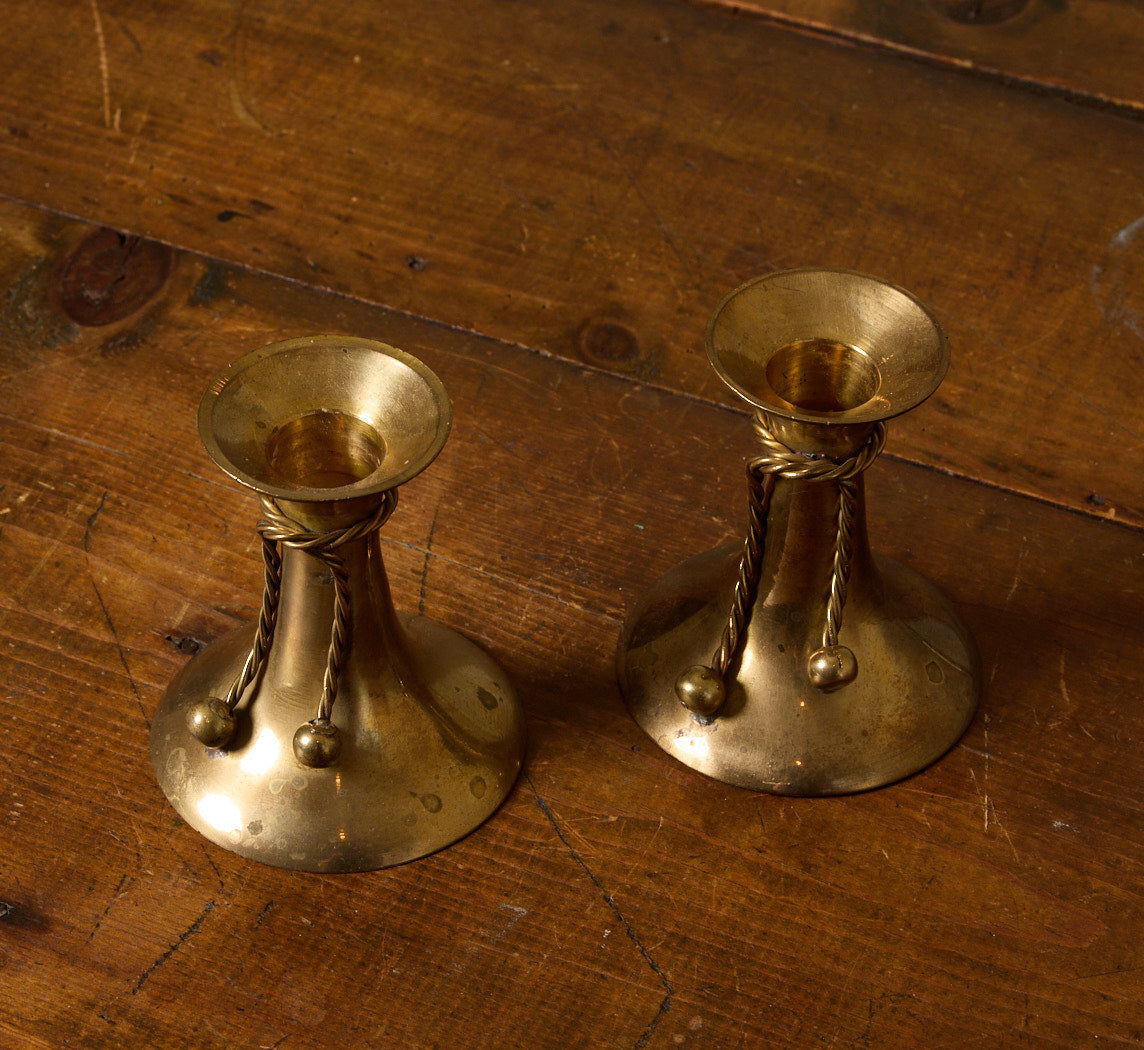 PAIR OF VINTAGE BRASS CANDLESTICKS WITH ROPE TASSELS