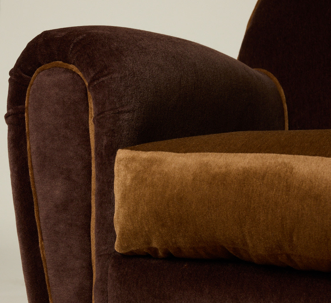 PAIR OF FRENCH CLUB CHAIRS IN BROWN AND CARAMEL MOHAIR
