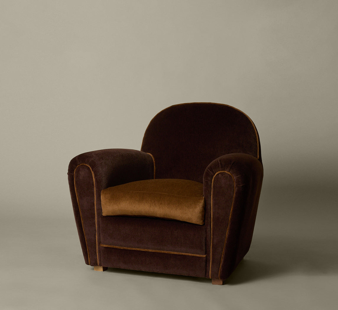 PAIR OF FRENCH CLUB CHAIRS IN BROWN AND CARAMEL MOHAIR