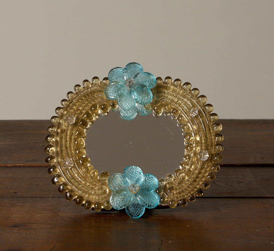 1960S PETITE MURANO GLASS MIRROR WITH BLUE FLOWERS