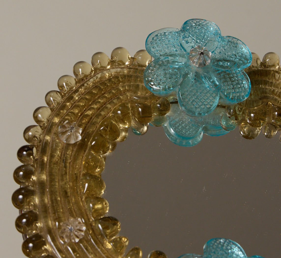 1960S PETITE MURANO GLASS MIRROR WITH BLUE FLOWERS