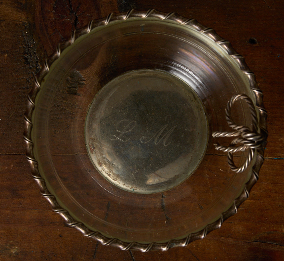 1940S FRENCH GLASS BOWL WITH SILVER ROPE EDGING