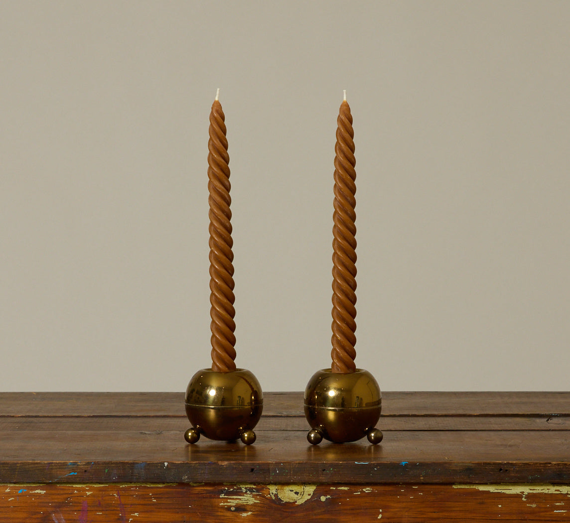 PAIR OF MID CENTURY FOOTED ORB BRASS CANDLESTICK HOLDERS II
