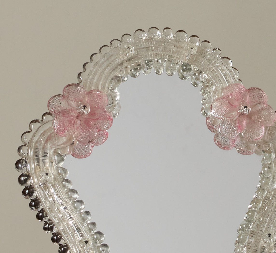 1960S MURANO GLASS MIRROR WITH PINK FLOWERS II