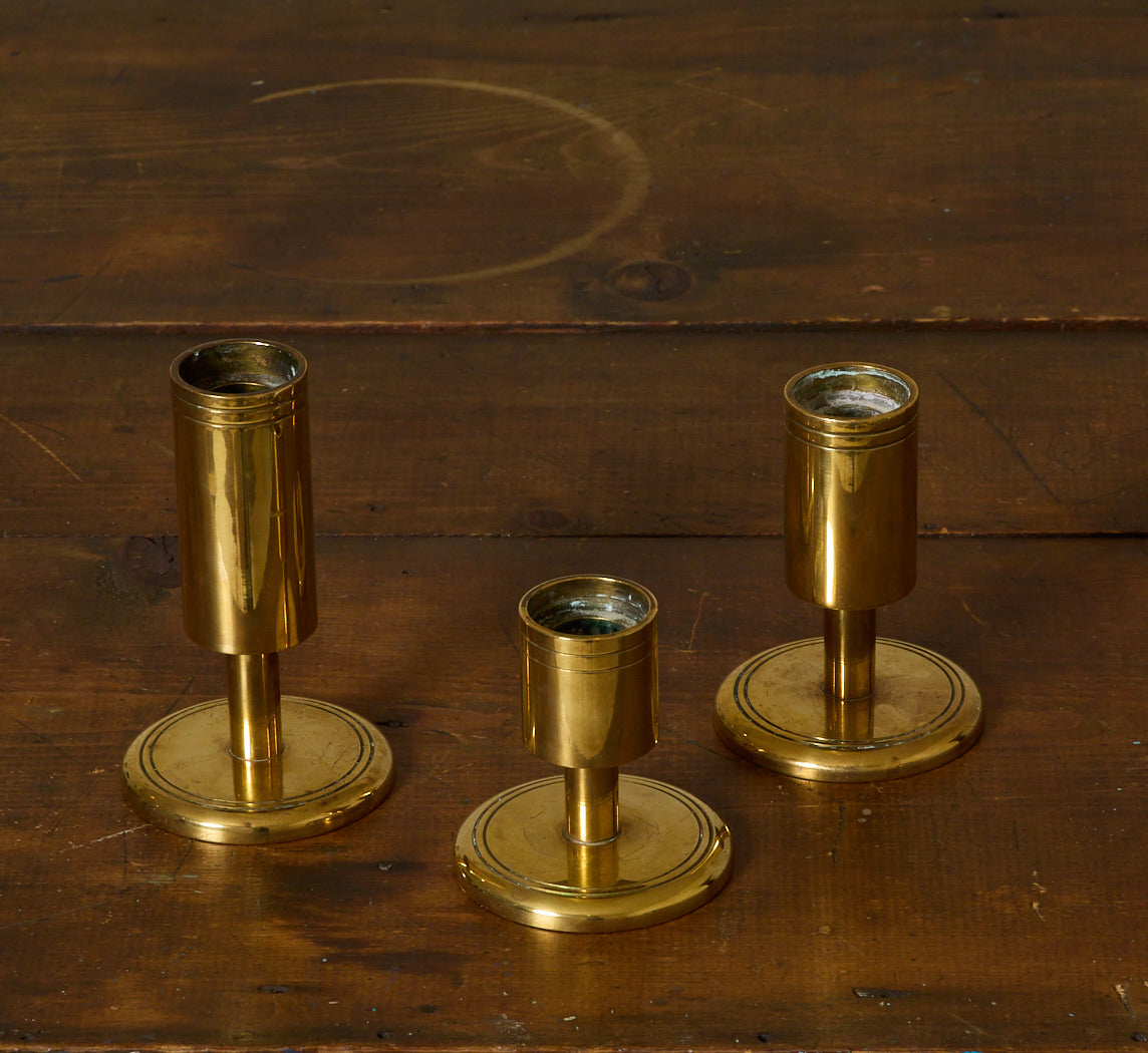 SET OF 3 DANISH MIDCENTURY BRASS CANDLESTICK HOLDERS