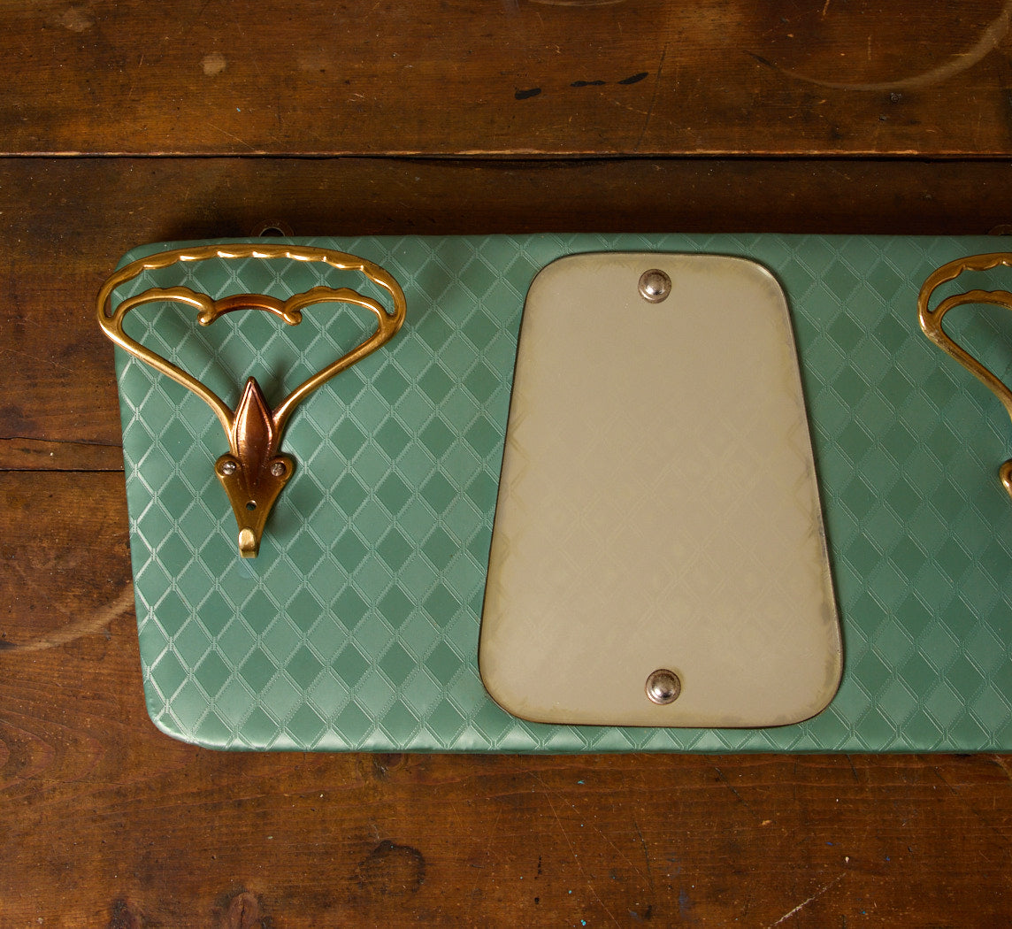 1950S ITALIAN GREEN & BRASS WALL RACK WITH MIRROR