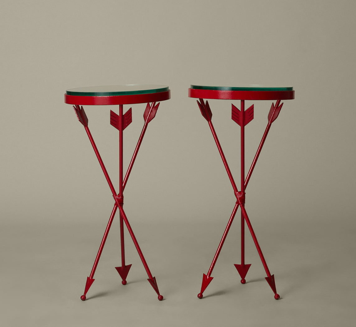 FRENCH 1940S WROUGHT IRON AND GLASS TABLES WITH ARROW FORM LEGS (CRIMSON)
