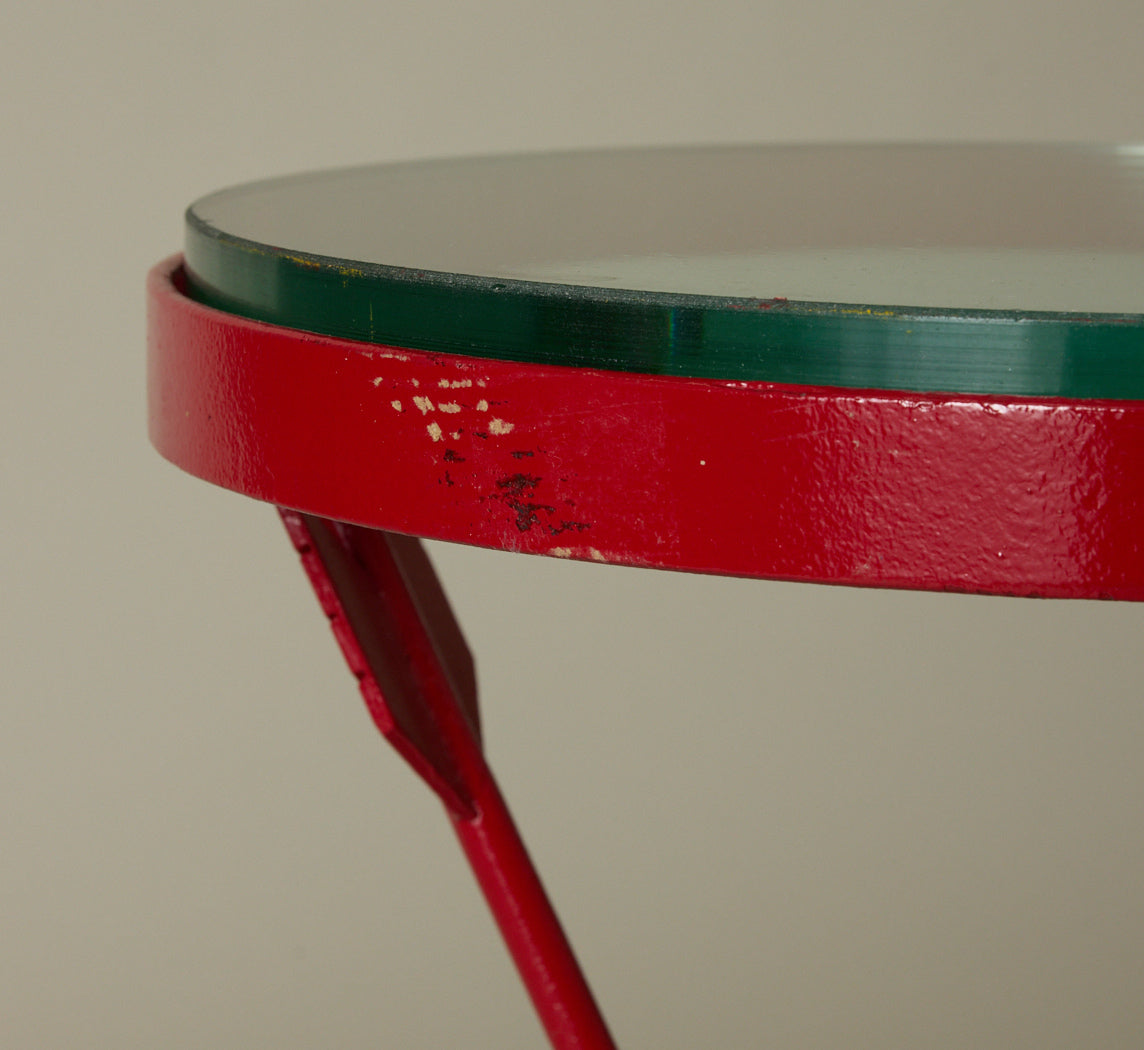 FRENCH 1940S WROUGHT IRON AND GLASS TABLES WITH ARROW FORM LEGS (CRIMSON)