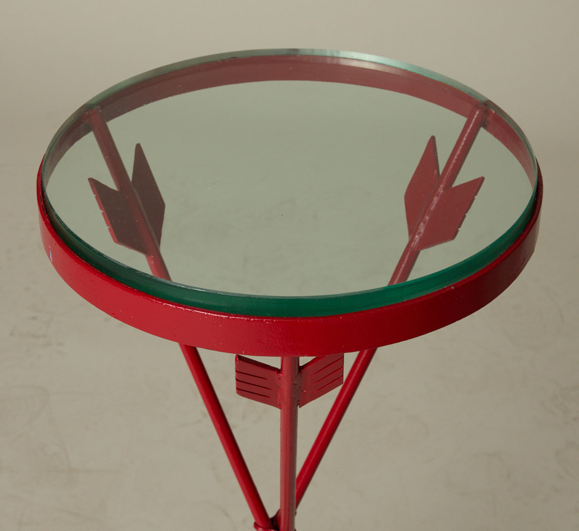 FRENCH 1940S WROUGHT IRON AND GLASS TABLES WITH ARROW FORM LEGS (CRIMSON)