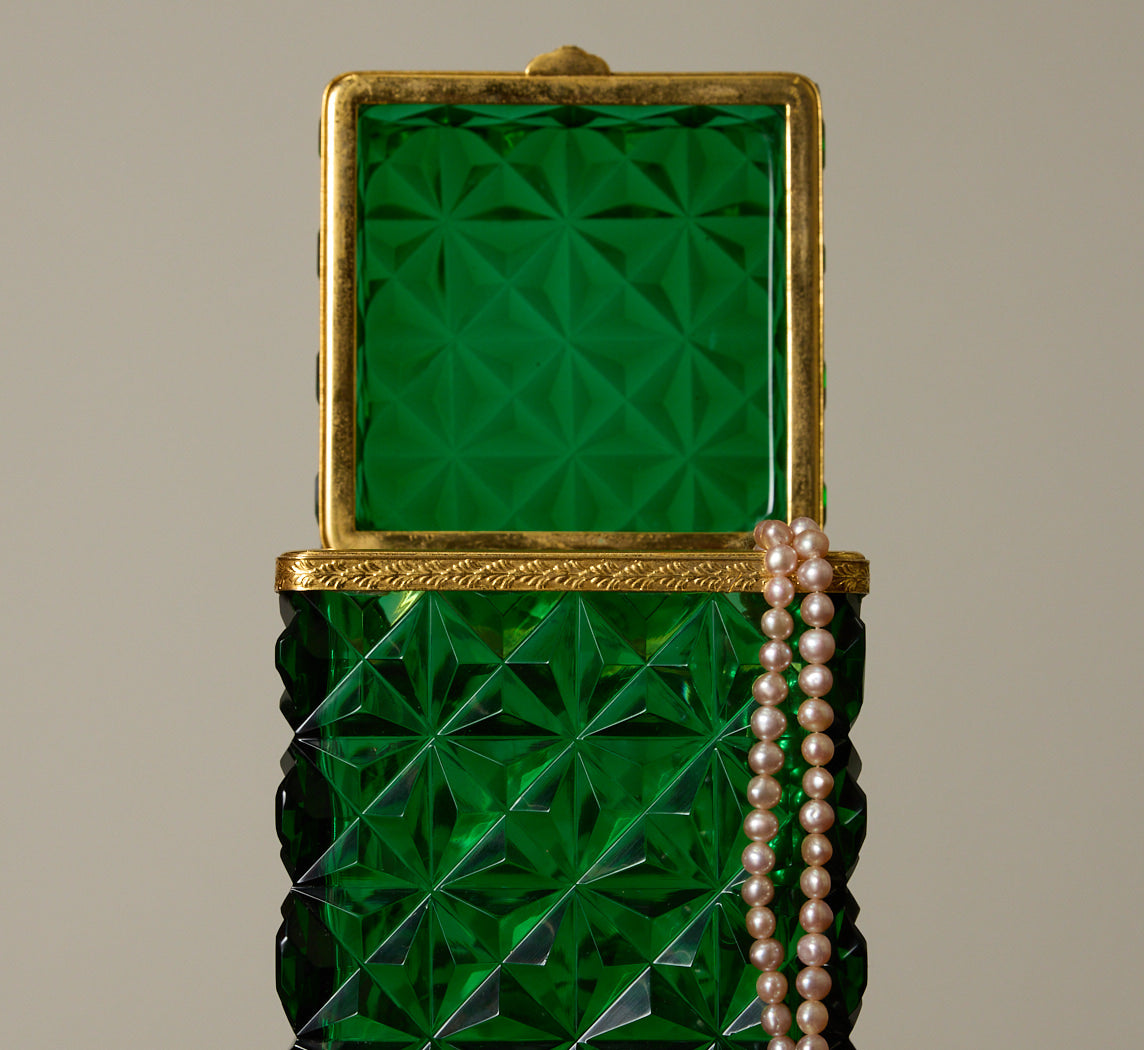 FRENCH VICTORIAN EMERALD CUT DIAMOND GLASS JEWELRY BOX