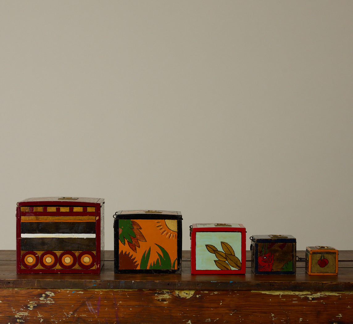 SET OF FIVE 1910S GERMAN WOODEN PAINTED BOXES