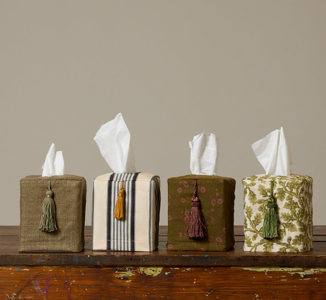 PIERCE & WARD STONE OLIVE TISSUE BOX COVER IN RAW SILK