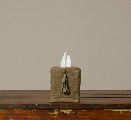 PIERCE & WARD STONE OLIVE TISSUE BOX COVER IN RAW SILK