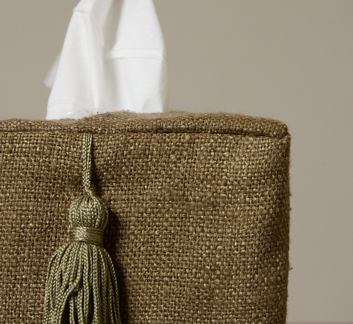 PIERCE & WARD STONE OLIVE TISSUE BOX COVER IN RAW SILK