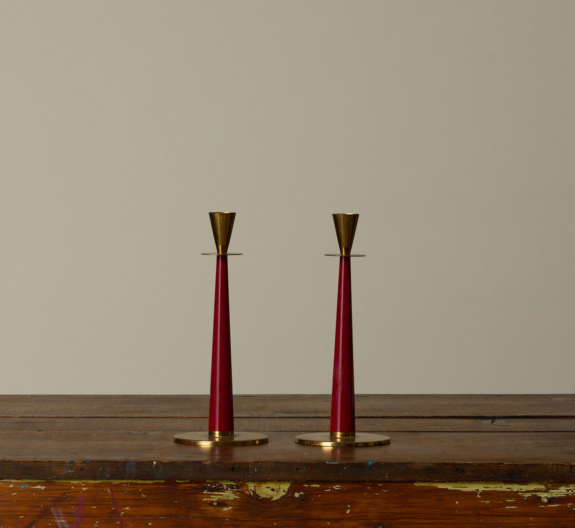 PAIR OF MID CENTURY NILS JOHAN BRASS & BAKELITE CANDLESTICKS