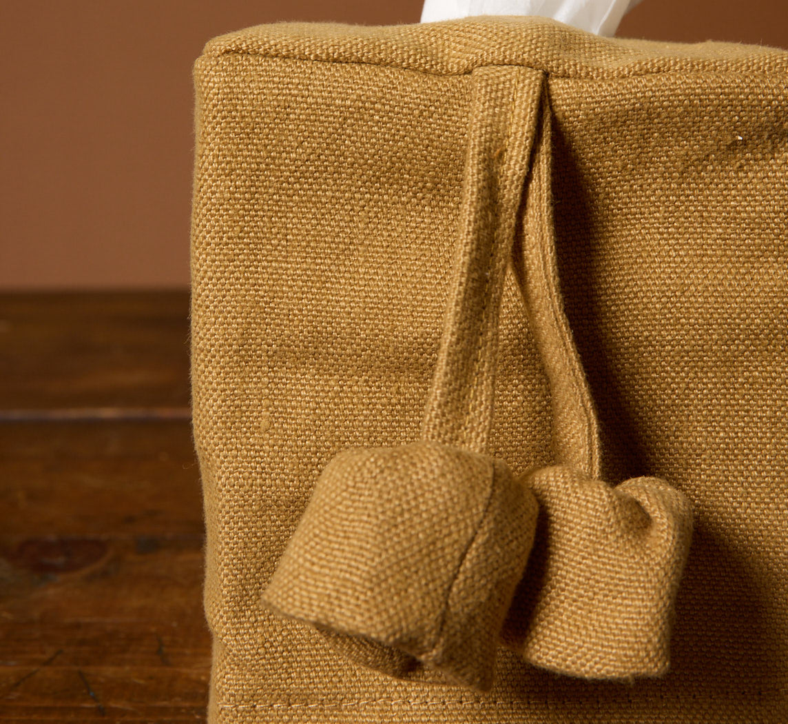 PIERCE & WARD CUMIN LINEN TISSUE BOX COVER WITH BELL FLOWER TASSEL