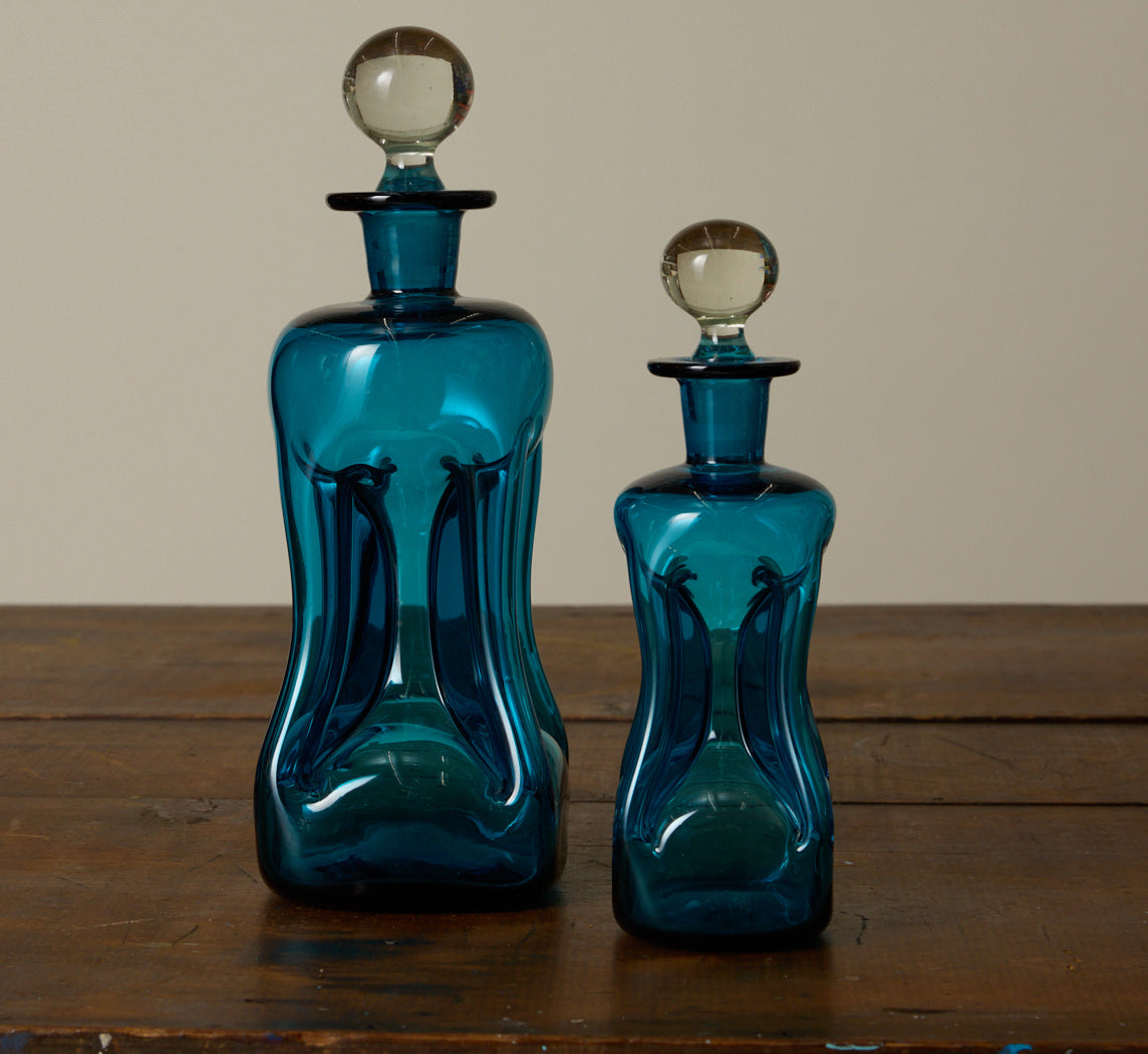 PAIR OF MID CENTURY BLUE GLASS DECANTERS
