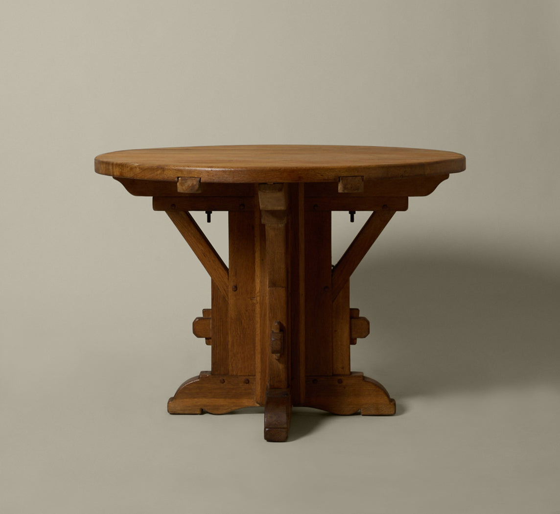 1950S FRENCH BRUTALIST OAK ROUND TABLE