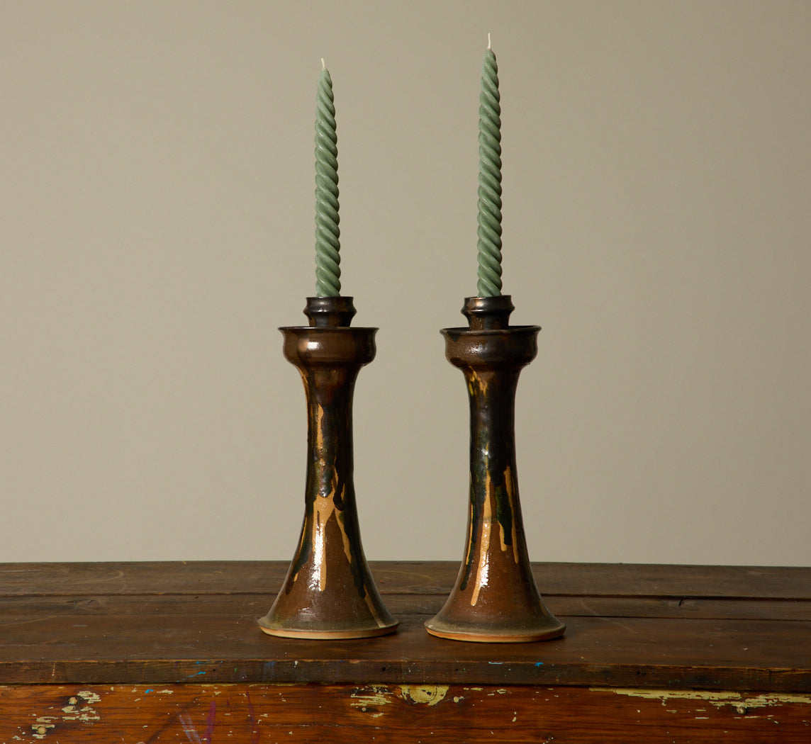 TALL VINTAGE EARTHENWARE FOLK ART CANDLESTICK HOLDERS