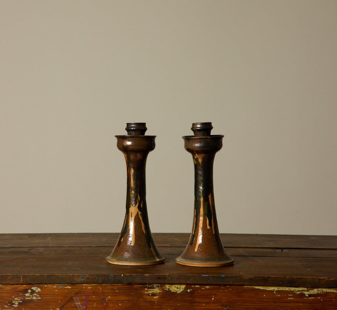 TALL VINTAGE EARTHENWARE FOLK ART CANDLESTICK HOLDERS