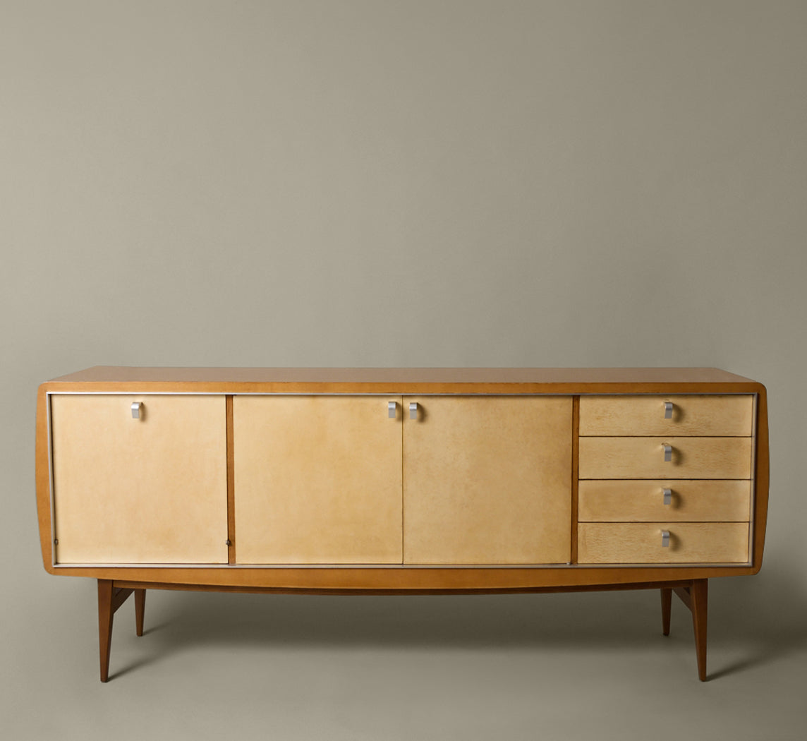 1960S FRENCH ELM SIDEBOARD WITH PARCHMENT COVERED FACADE
