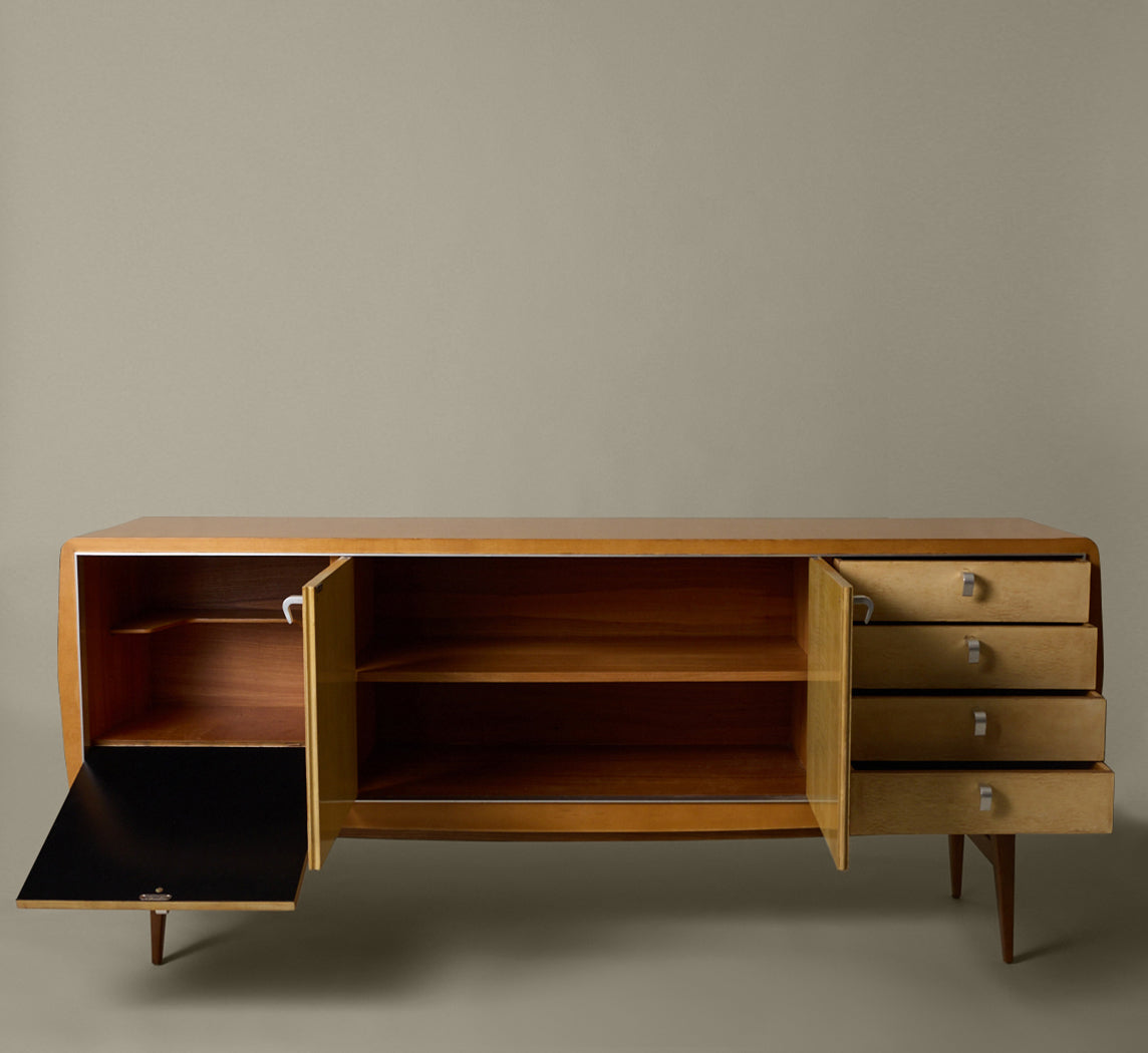 1960S FRENCH ELM SIDEBOARD WITH PARCHMENT COVERED FACADE