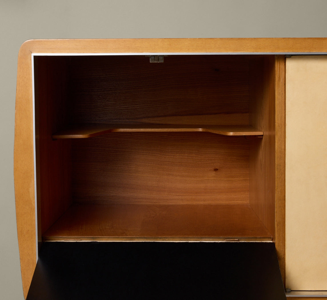 1960S FRENCH ELM SIDEBOARD WITH PARCHMENT COVERED FACADE