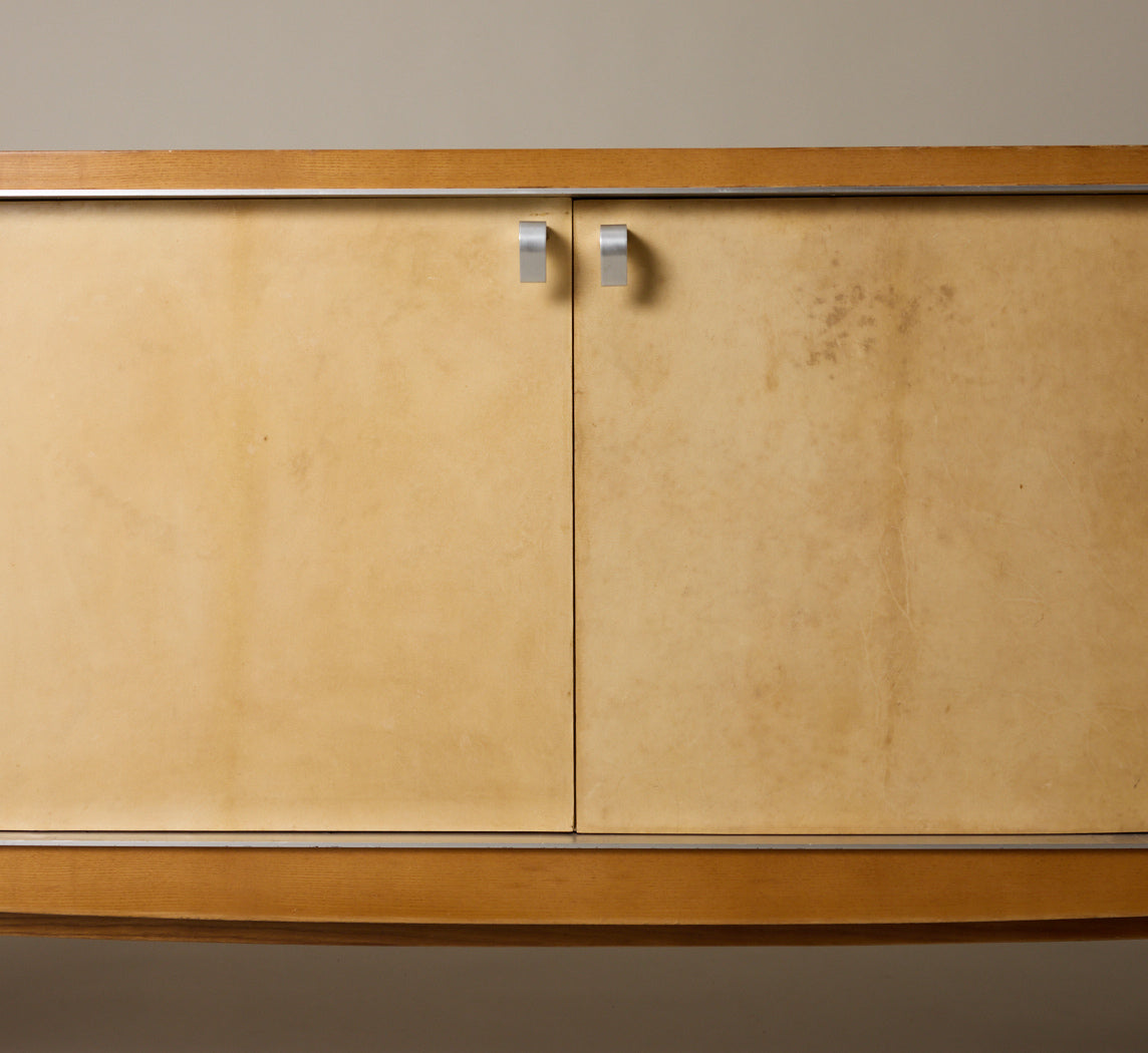 1960S FRENCH ELM SIDEBOARD WITH PARCHMENT COVERED FACADE