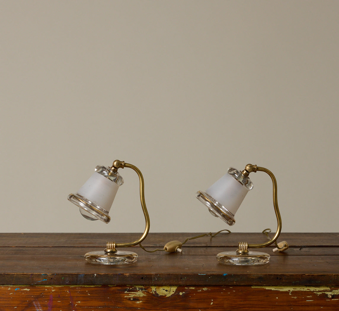 PAIR OF PETITE ITALIAN GLASS AND BRASS BELL LAMPS