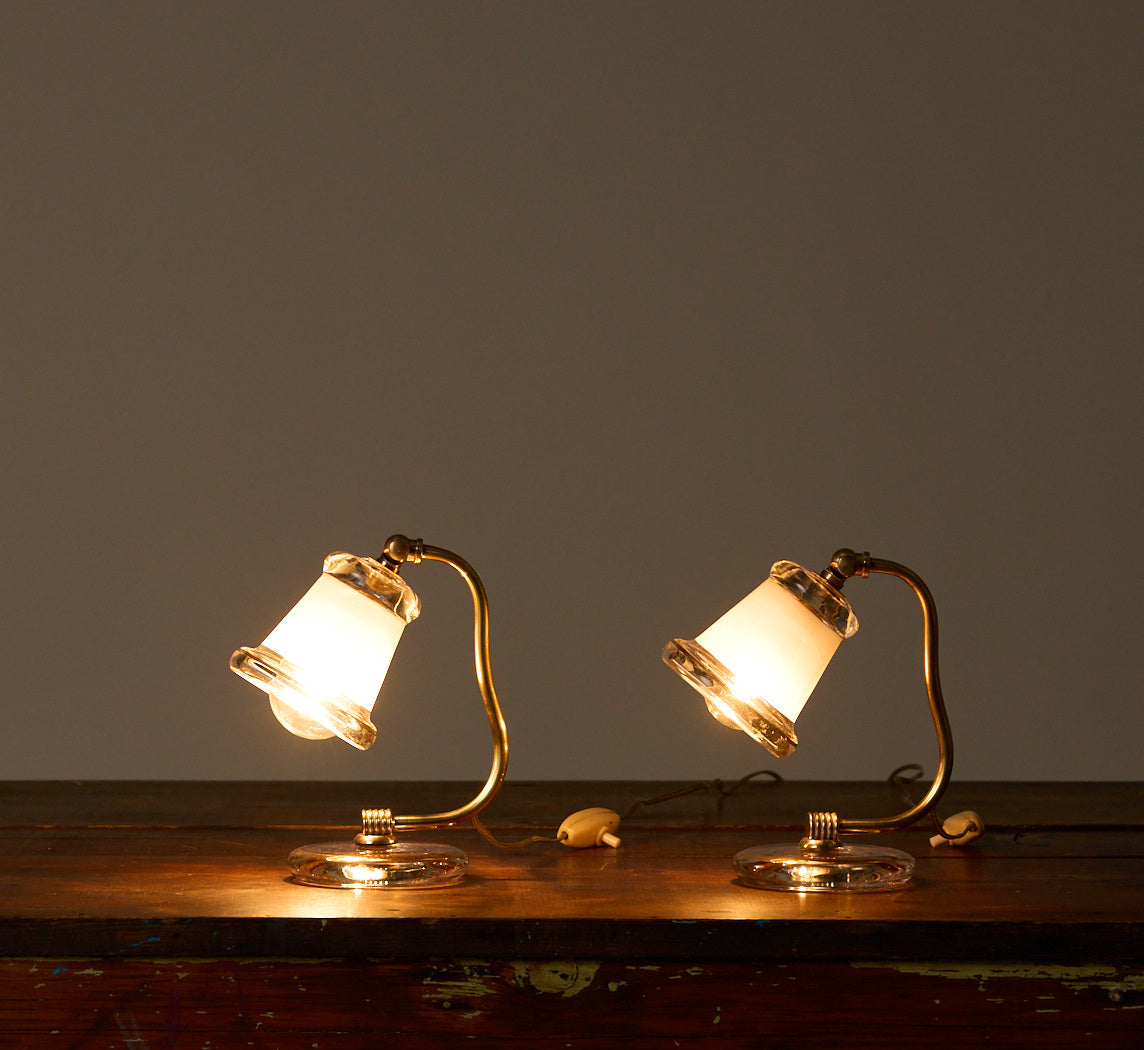 PAIR OF PETITE ITALIAN GLASS AND BRASS BELL LAMPS