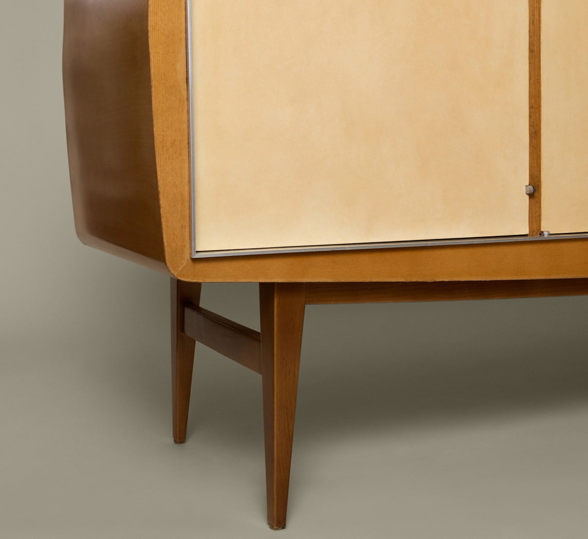 1960S FRENCH ELM SIDEBOARD WITH PARCHMENT COVERED FACADE