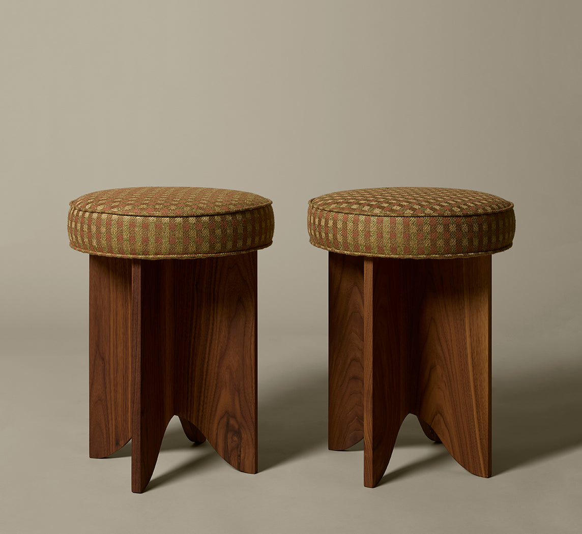 PIERCE & WARD LLOYD SIDE STOOL IN WALNUT AND RAW SILK CHECK