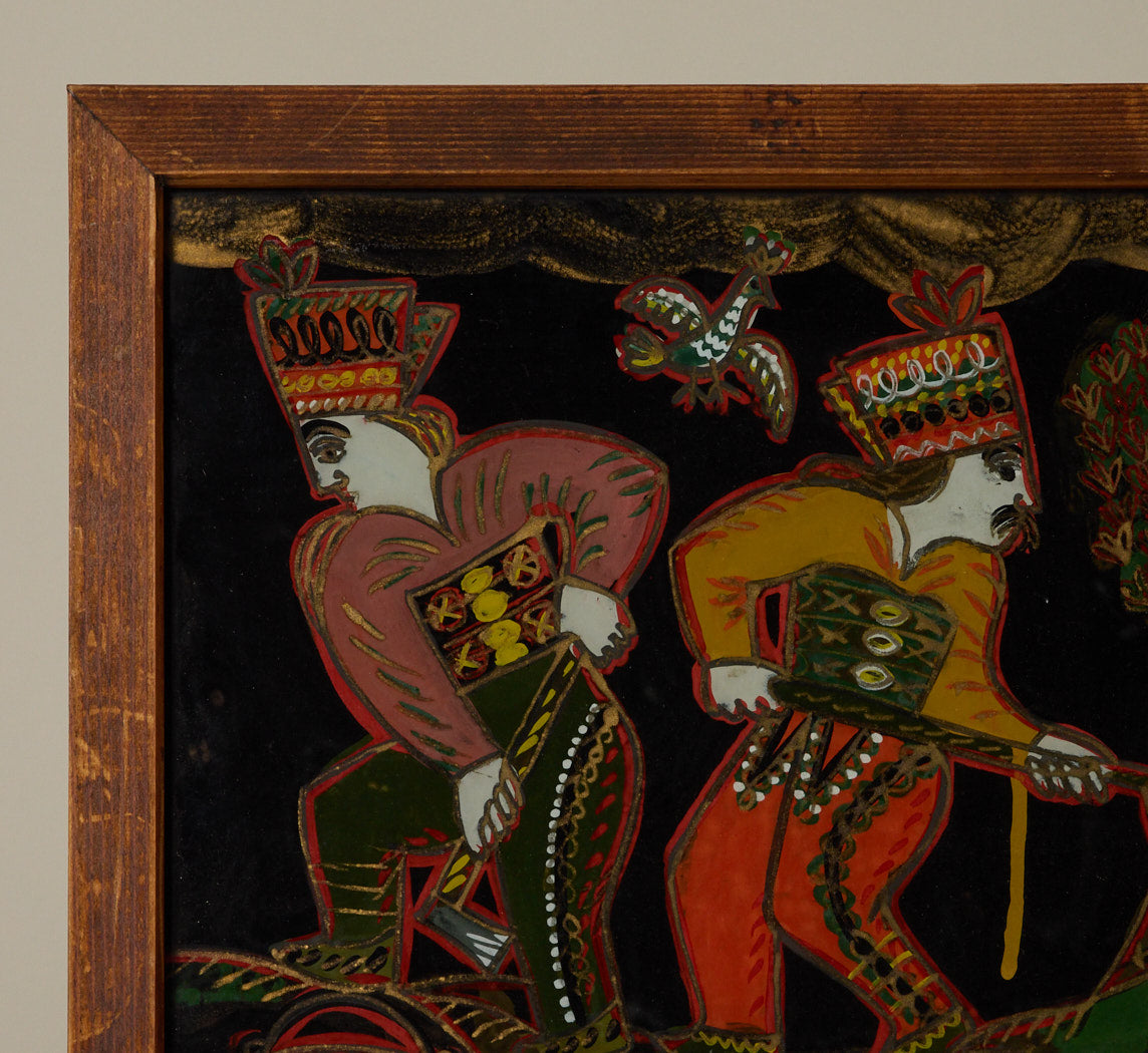 MID CENTURY FOLK ART PAINTING ON GLASS I