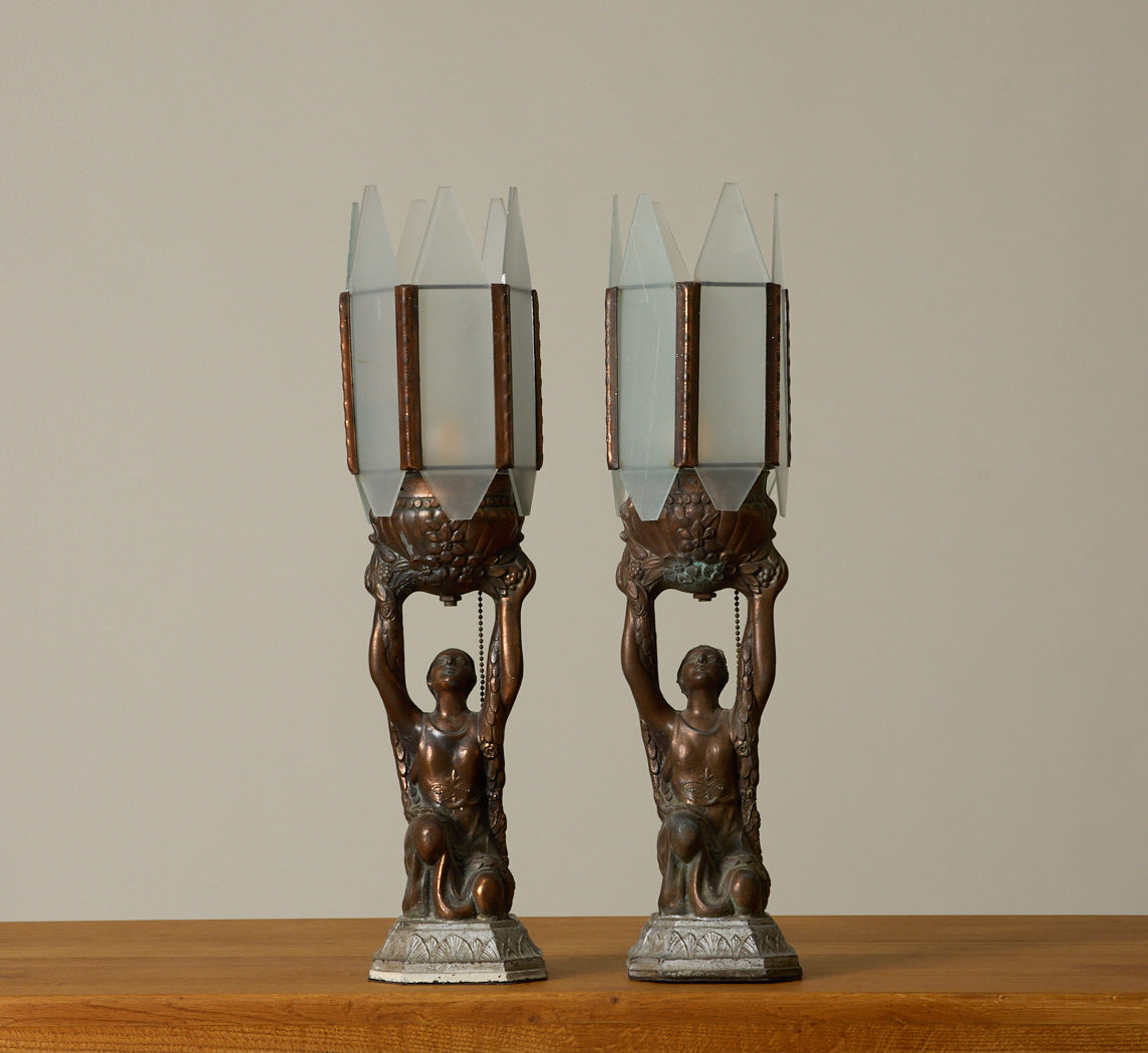 PAIR OF 1930S ART DECO BRONZE JOAN OF ARC TABLE LAMPS