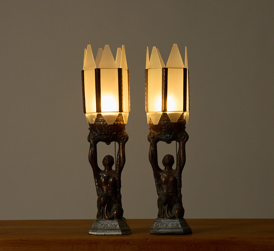PAIR OF 1930S ART DECO BRONZE JOAN OF ARC TABLE LAMPS