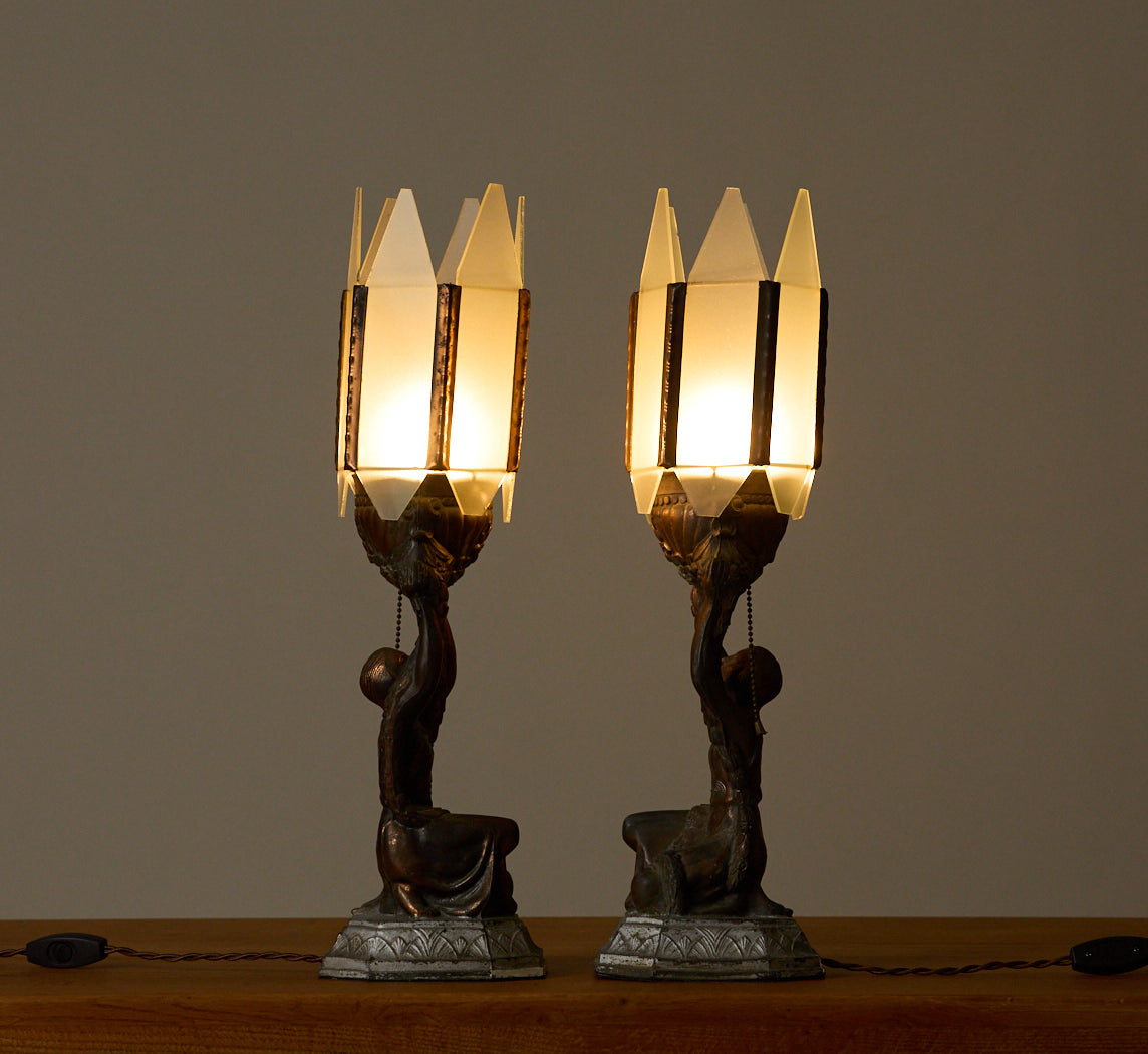 PAIR OF 1930S ART DECO BRONZE JOAN OF ARC TABLE LAMPS