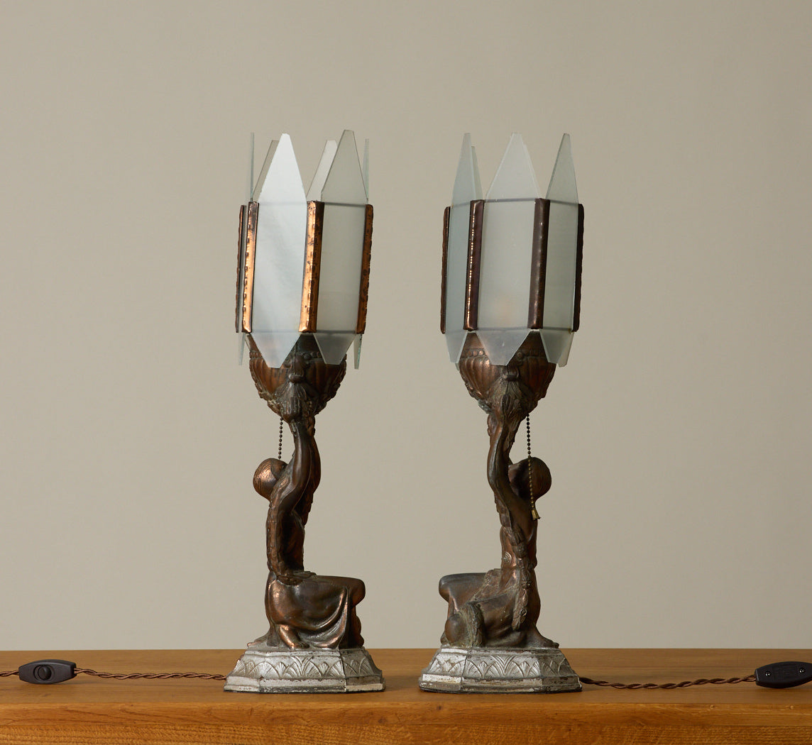 PAIR OF 1930S ART DECO BRONZE JOAN OF ARC TABLE LAMPS