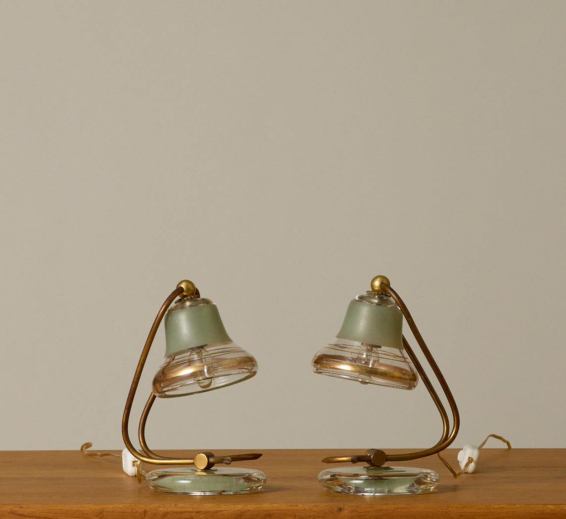 PAIR OF 1970S ITALIAN GLASS AND BRASS LAMPS