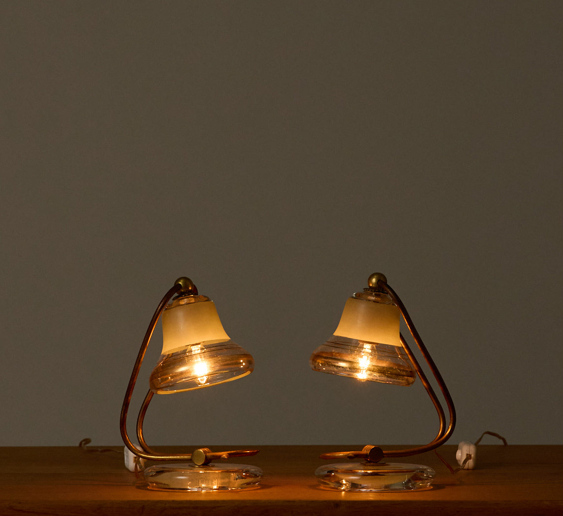 PAIR OF 1970S ITALIAN GLASS AND BRASS LAMPS
