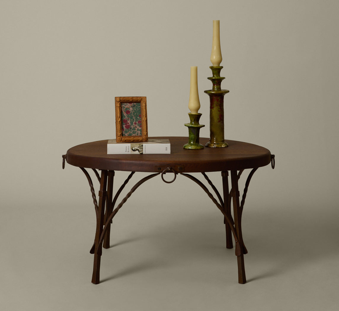 FRENCH BRUTALIST OAK IRON COFFEE TABLE
