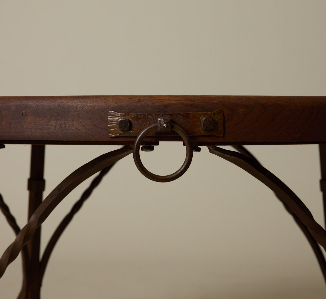FRENCH BRUTALIST OAK IRON COFFEE TABLE