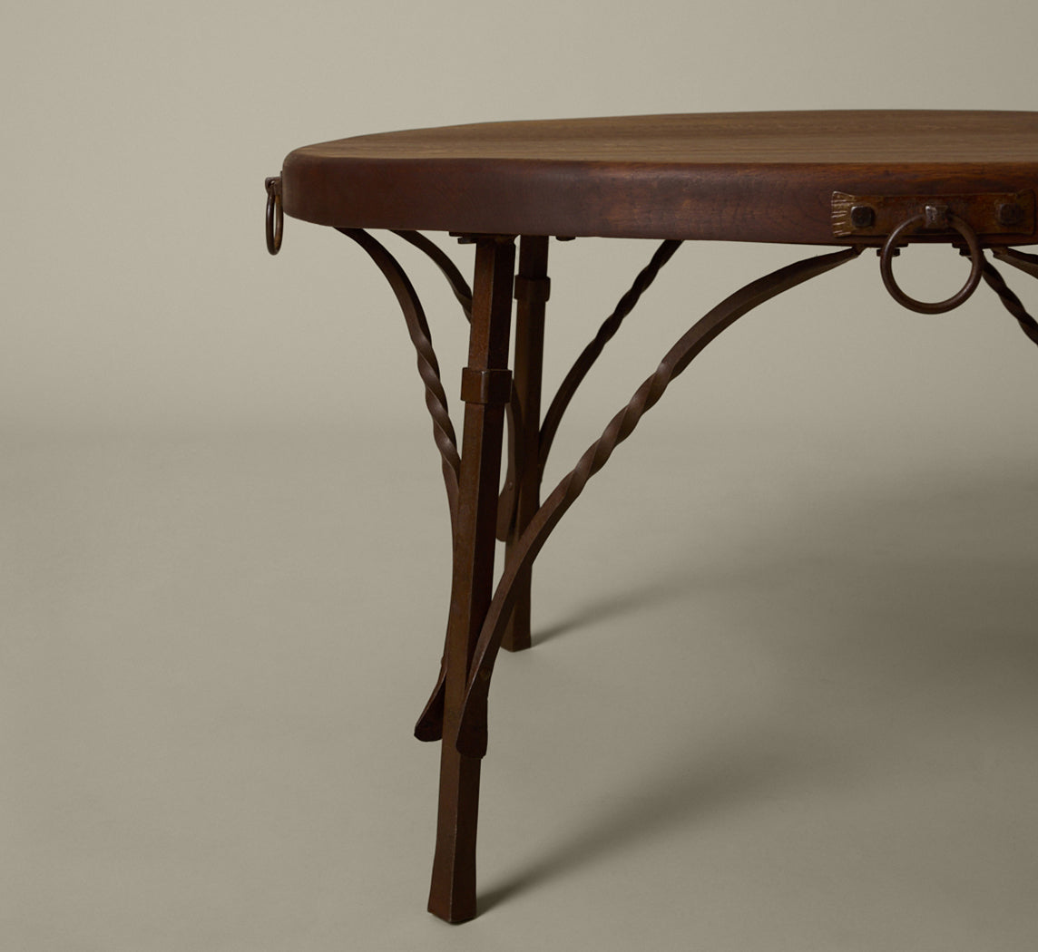 FRENCH BRUTALIST OAK IRON COFFEE TABLE