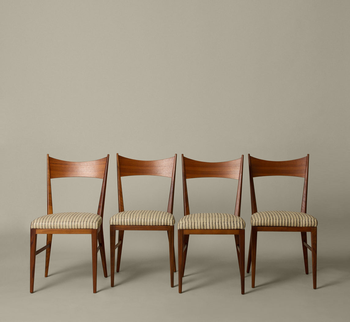 SET OF 4 PAUL MCCOBB DINING CHAIRS IN TEAK AND RAW SILK TUXEDO STRIPE