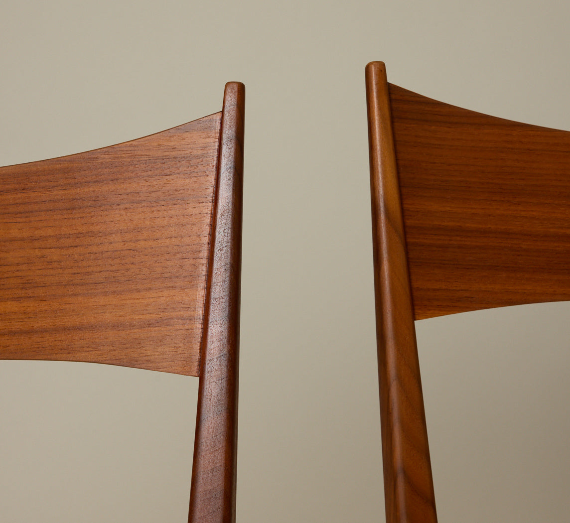 SET OF 4 PAUL MCCOBB DINING CHAIRS IN TEAK AND RAW SILK TUXEDO STRIPE