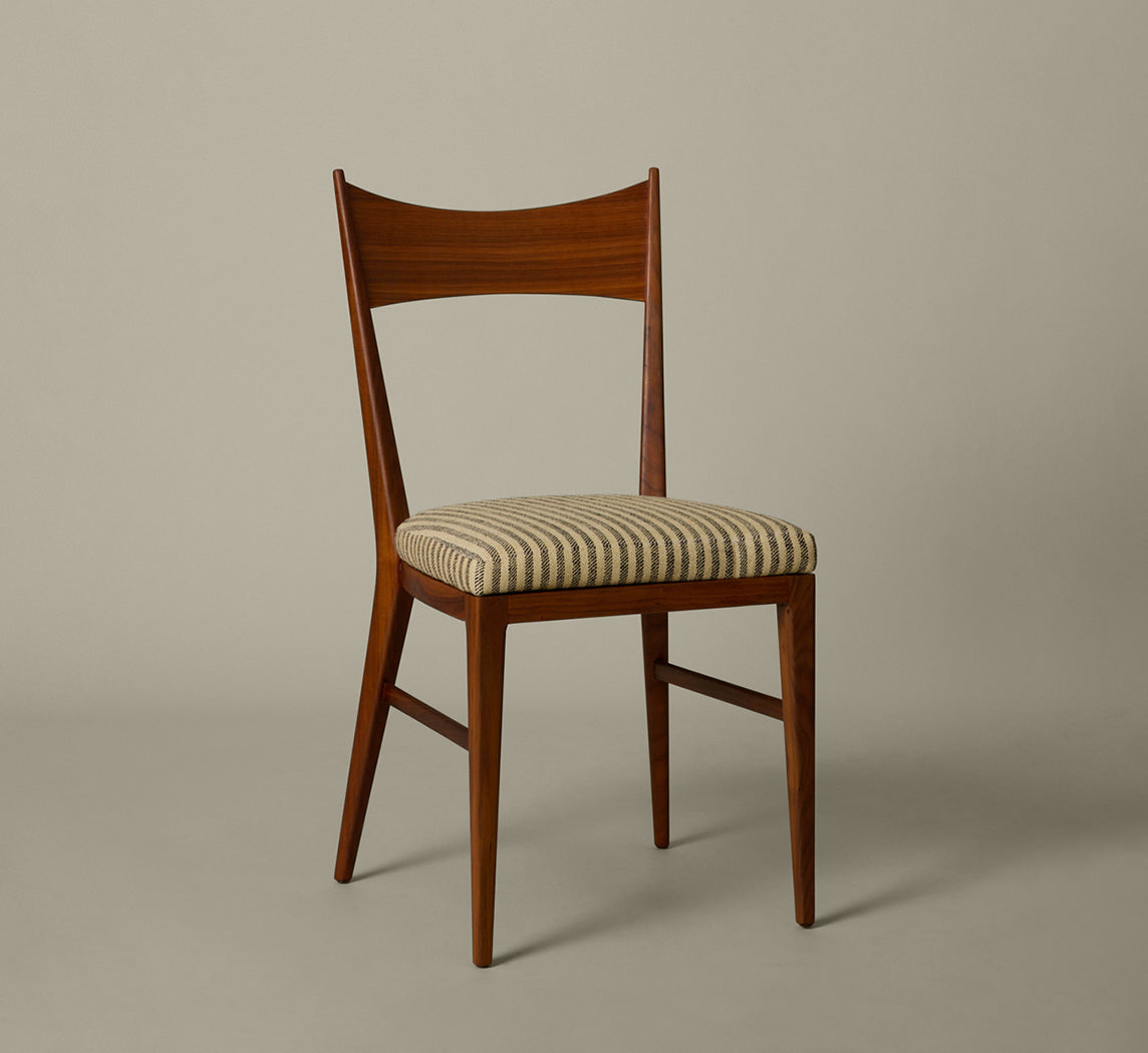 SET OF 4 PAUL MCCOBB DINING CHAIRS IN TEAK AND RAW SILK TUXEDO STRIPE
