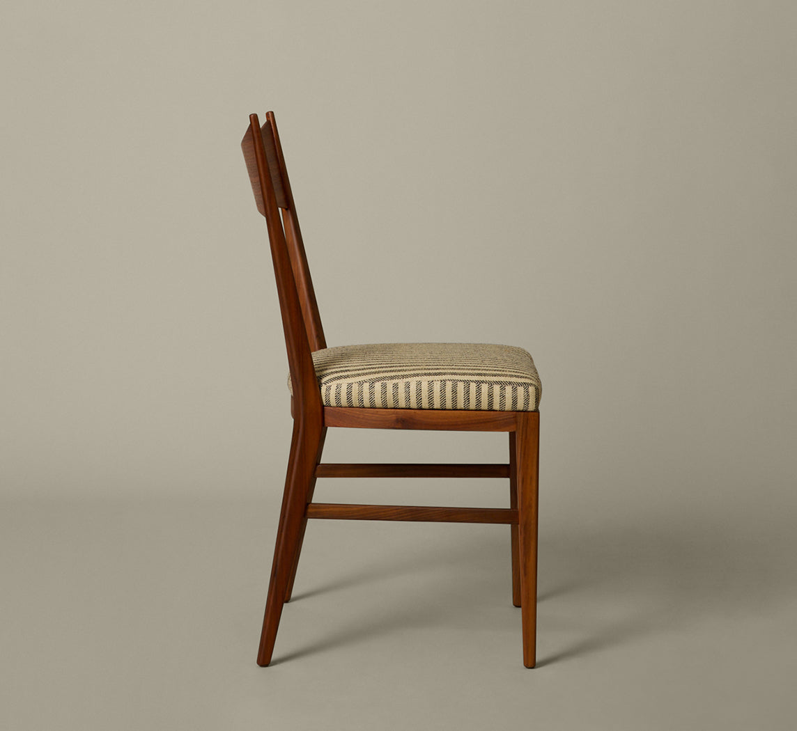 SET OF 4 PAUL MCCOBB DINING CHAIRS IN TEAK AND RAW SILK TUXEDO STRIPE