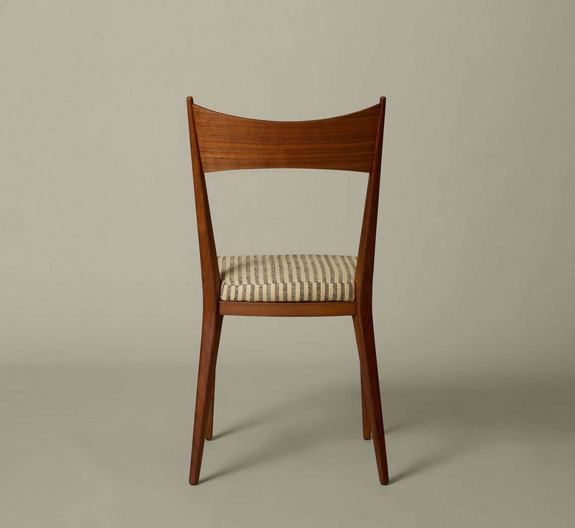 SET OF 4 PAUL MCCOBB DINING CHAIRS IN TEAK AND RAW SILK TUXEDO STRIPE