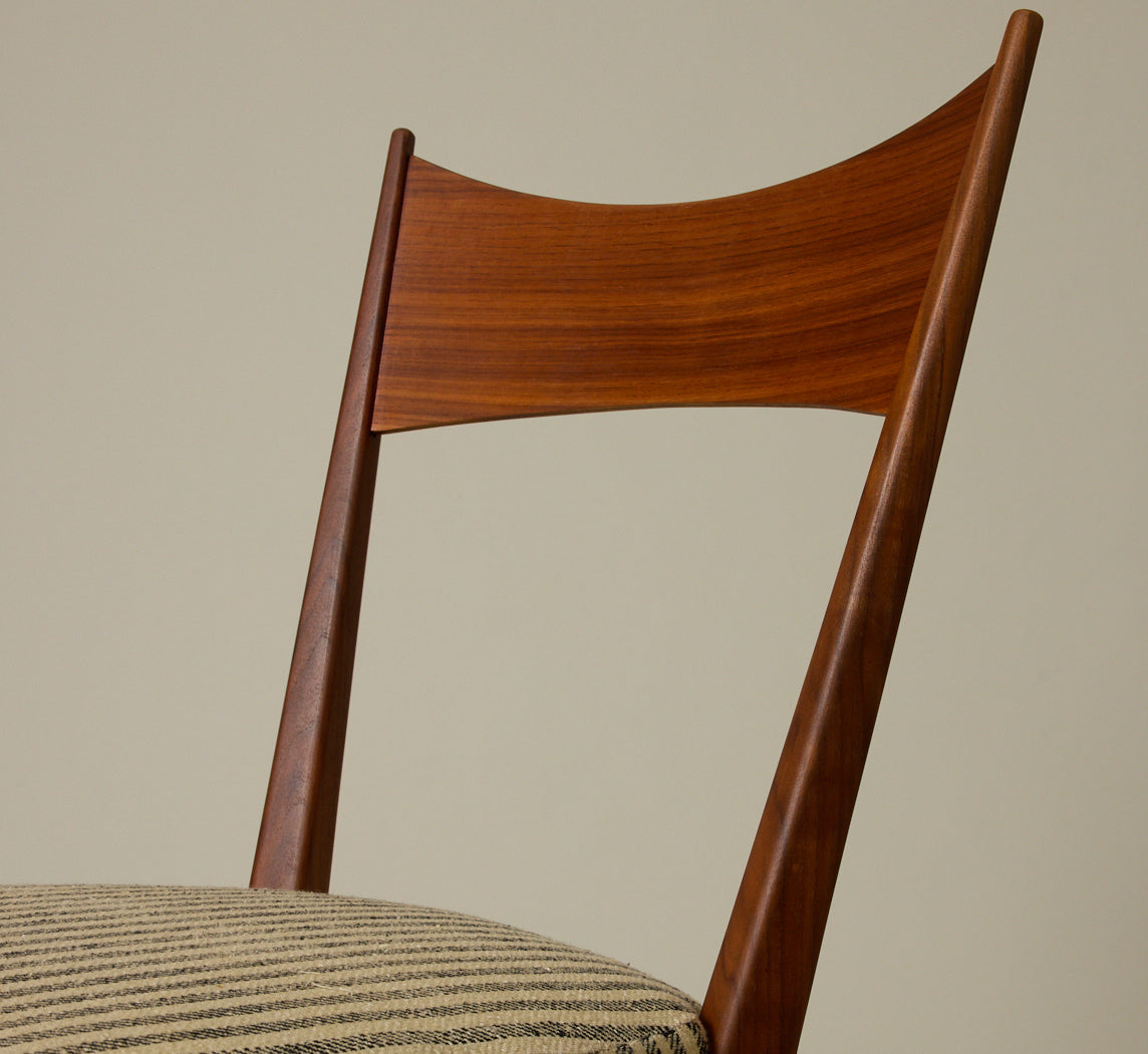 SET OF 4 PAUL MCCOBB DINING CHAIRS IN TEAK AND RAW SILK TUXEDO STRIPE